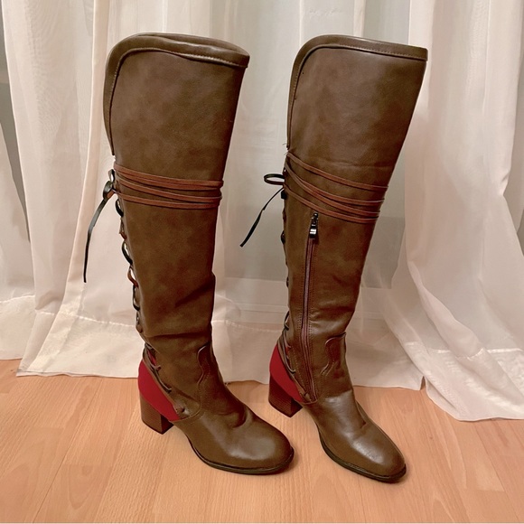 Brown & Red Knee High Lace Up Boots Size 7 - Picture 1 of 7